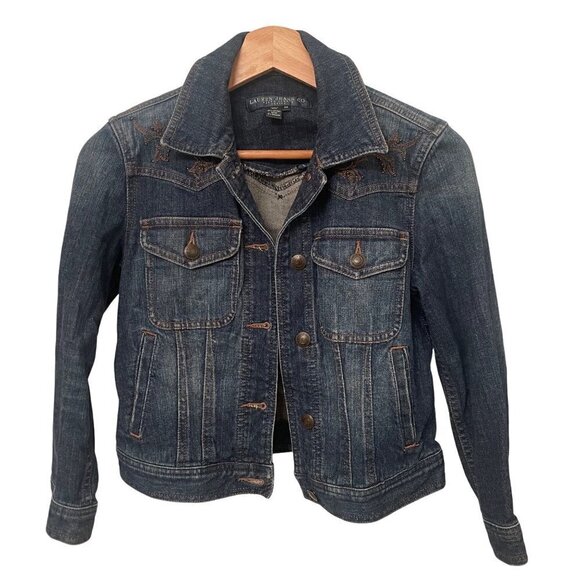 LAUREN JEANS CO by RALPH LAUREN Dark Blue Embroidered Denim Jacket Size P/P - Picture 1 of 8